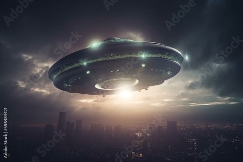 Emblem of a UFO alien spaceship soaring through the air. Generative AI