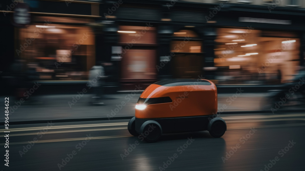 High-speed delivery robot on the street, motion blur, created with generative AI technology
