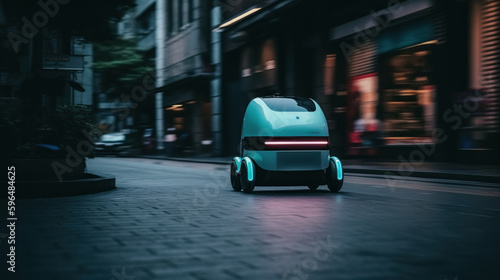 High-speed delivery robot on the street, motion blur, created with generative AI technology