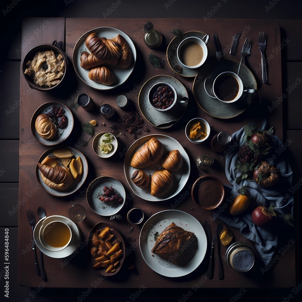 Breakfast with coffee and croissants on a wooden table, top view. Flat-lay of plates full of food. AI Generated Breakfast with coffee and croissants on a wooden table, top view. Flat-lay of plates full of food. AI Generated