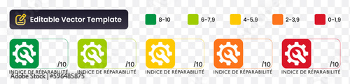 Indice de réparabilité logo vecteur set template. Symboles Indice de reparabilite avec texte éditable. Icônes indice de reparabilité des appareils. Logos isolés sur fond, en français.