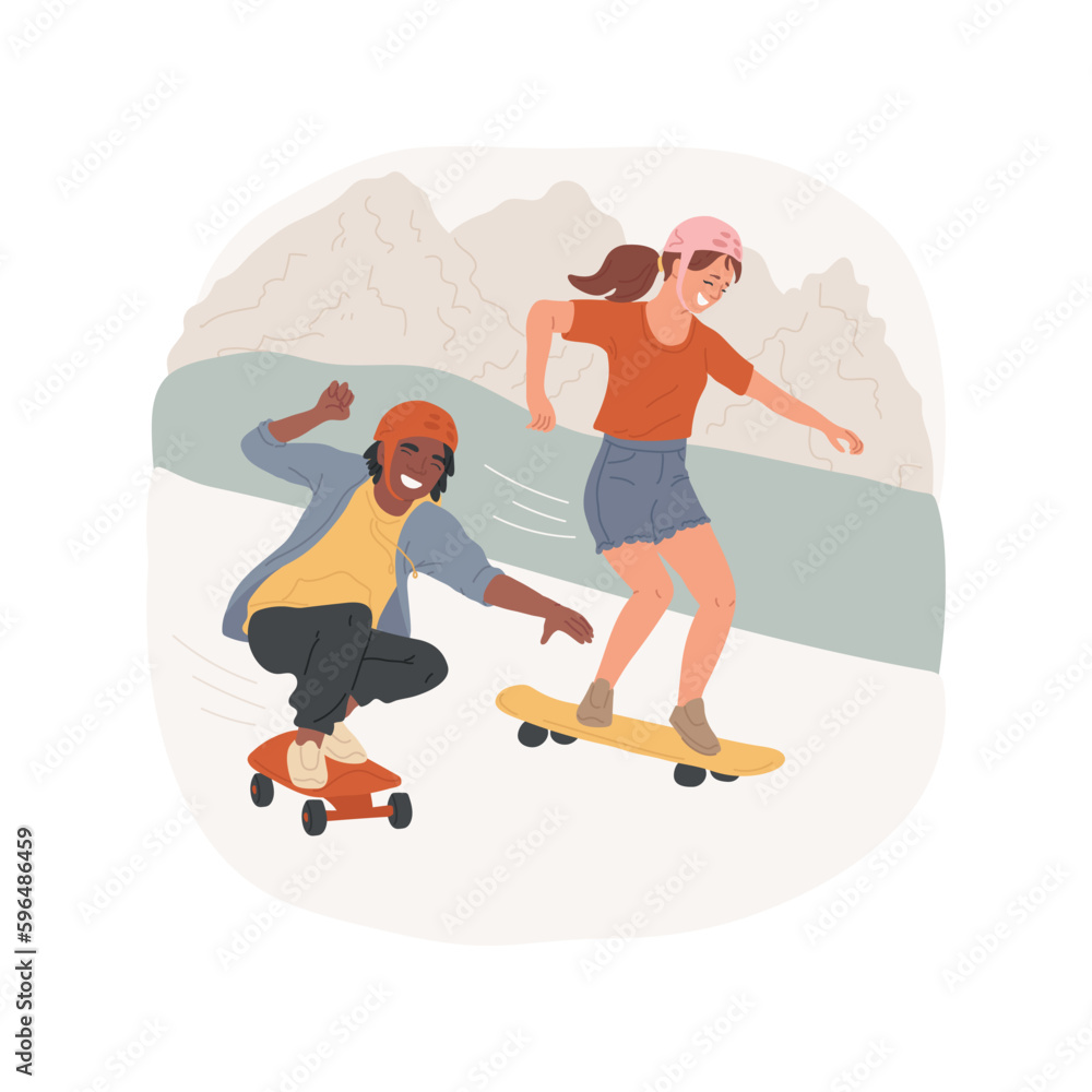 Extreme skateboarding isolated cartoon vector illustration. Happy young teenagers having fun when riding skateboard, downhill ride, extreme sport, teen active lifestyle vector cartoon.