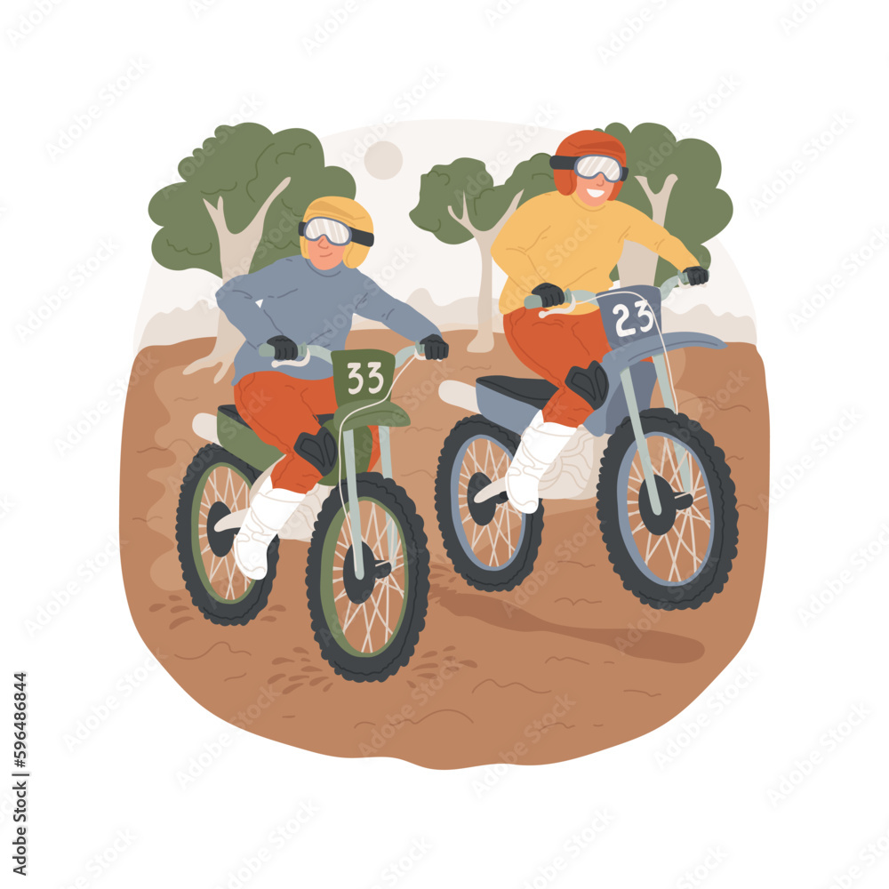 Naklejka premium Motocross isolated cartoon vector illustration. Group of active teenagers happy on a bike, guys holding helmet, extreme sport, dirt riding, enjoying motocross activity vector cartoon.