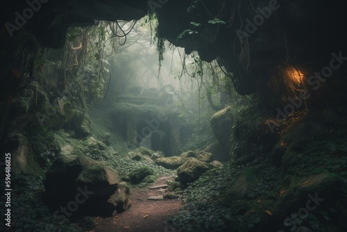 Misty, ivy-covered stone walls in a fantastical forest cave. Generative AI