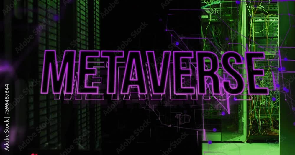 Animation of metaverse text over server room Animation of metaverse text over server room