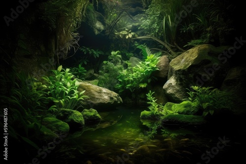 serene stream flowing through a rocky landscape with lush vegetation. Generative AI