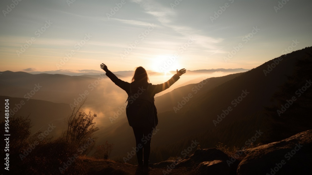 Silhouette of a person with open arms at the sunset in the mountain. Generative AI illustration. Silhouette of a person with open arms at the sunset in the mountain. Generative AI illustration.