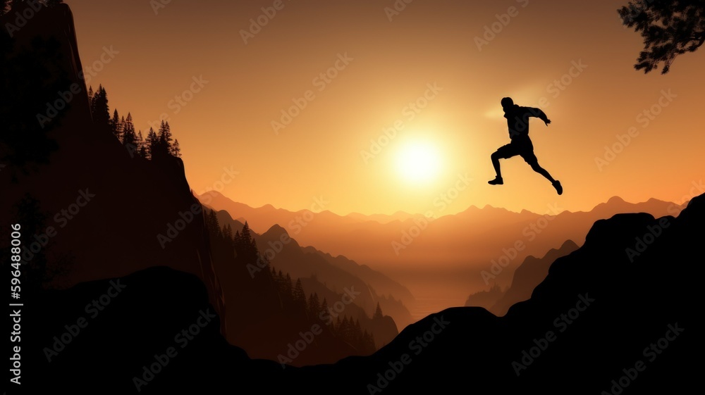 Silhouette of a person jumping on the top of mountain at the sunset. Generative AI illustration.