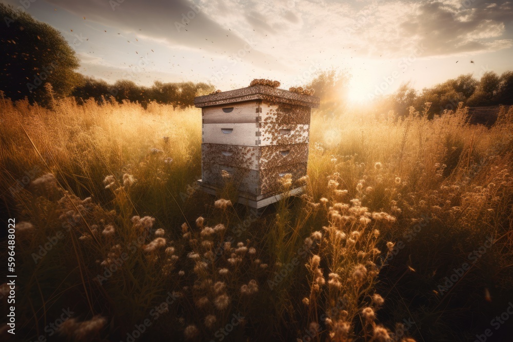 Stunning photograph of a beehive in a meadow, showcasing the importance