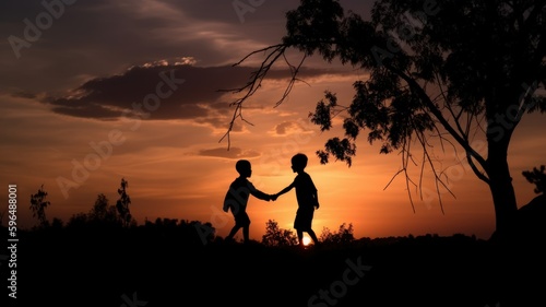 Silhouette of two children holding hand under a tree at the sunset. Generative AI illustration.