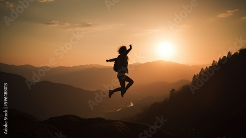 Silhouette of a person jumping in the mountain and cliff. Generative AI illustration.