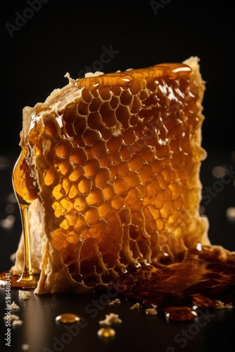 Stunning close-up of a honeycomb with golden honey dripping, highlighting its deliciousness and nutritional value. Created with generative A.I. technology.