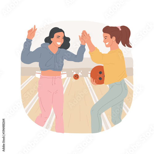 Bowling club isolated cartoon vector illustration. Hanging out at bowling club, leisure time with teenage friends, team players, girls playing bowling, indoor activity vector cartoon.