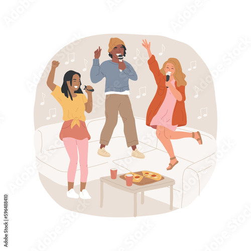 Karaoke isolated cartoon vector illustration. Teenagers sing karaoke at home, listening music, young diverse people, boys and girls having fun, celebrate birthday with friends vector cartoon.