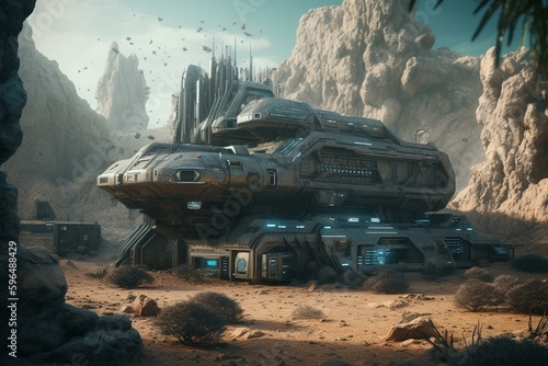 Digital sci-fi concept art for futuristic imaginary alien scenery. Generative AI