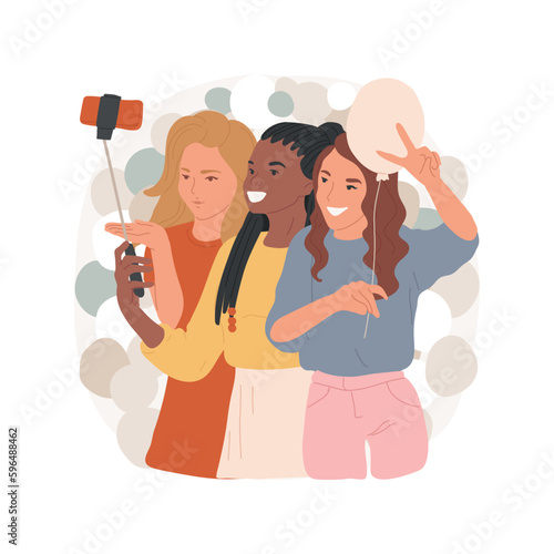 Girls party isolated cartoon vector illustration. Teenagers making selfies, friends leisure time, girl holding smartphone and taking photo, teens communication at party vector cartoon.