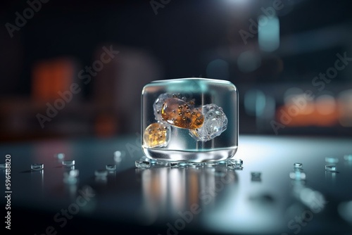 A medication pill enclosed in a crystal clear ice cube. A digital creation. Generative AI