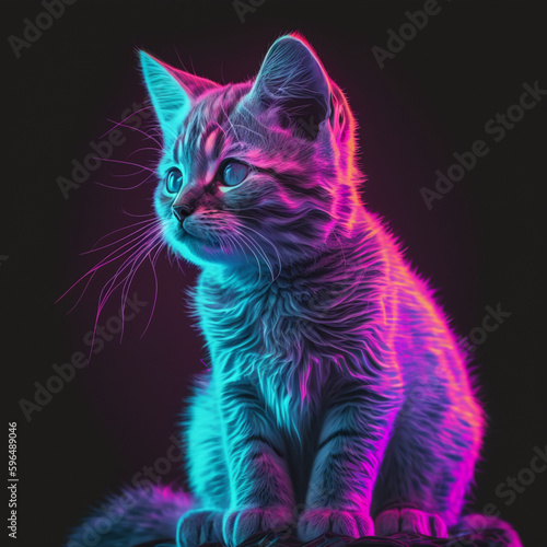 Explore the vibrancy of a day-glo colored cat kitten set against a mesmerizing vaporwave aesthetic background. A neon-colored feline in a captivating scene created using generative AI tools
