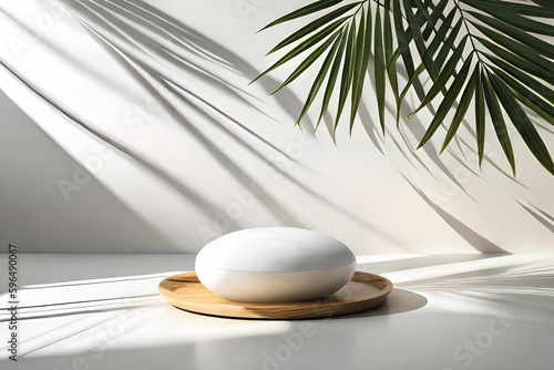 Photography Modern minimal empty white marble stone counter table top, palm tree in sunlight