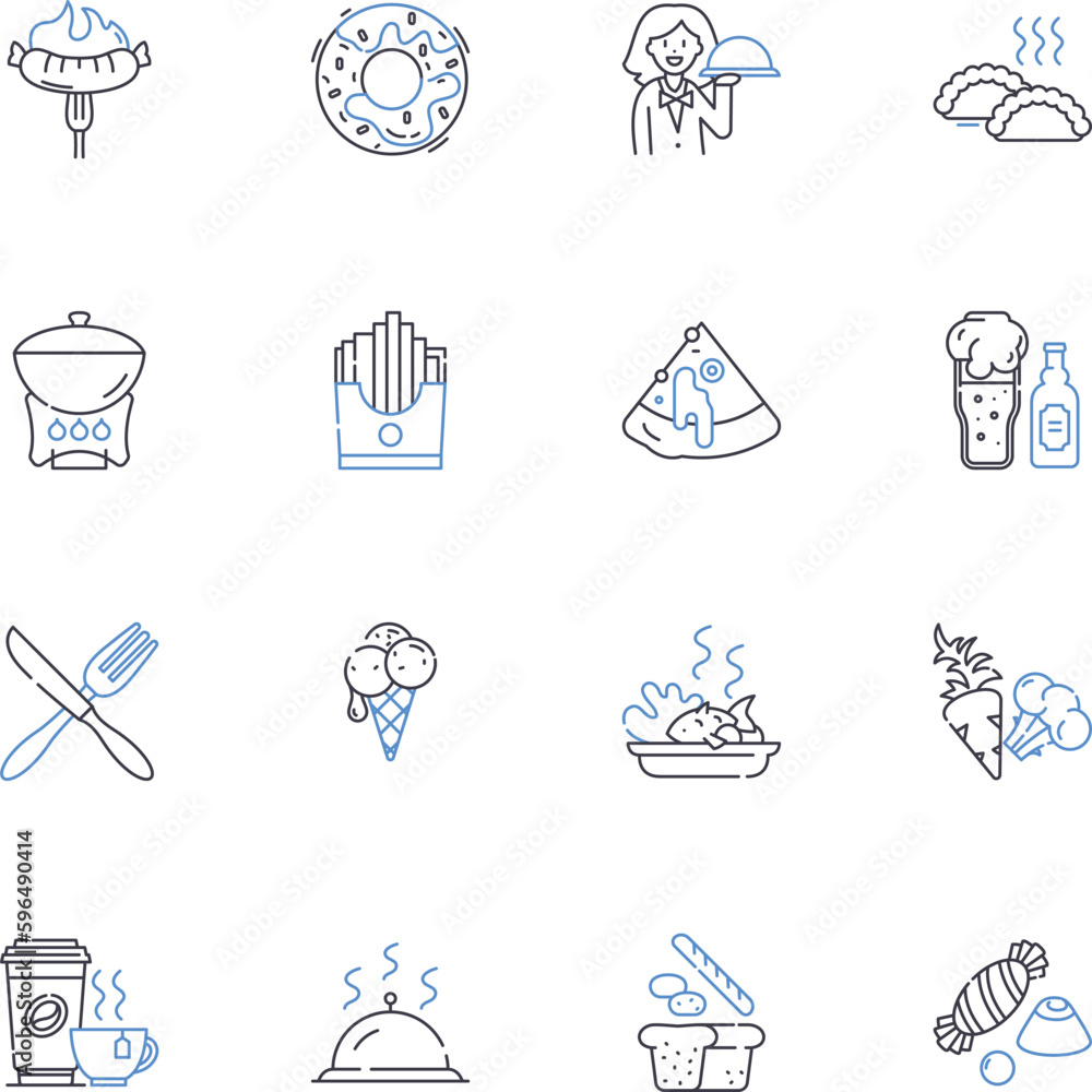 Menu line icons collection. Appetizers, Entrees, Desserts, Specials, Beverages, Brunch, Lunch vector and linear illustration. Dinner,Gluten-free,Vegetarian outline signs set Generative AI