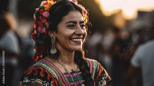 Beautiful Mexican flower dancer celebrating the 5th of May in Mexico, Generative AI