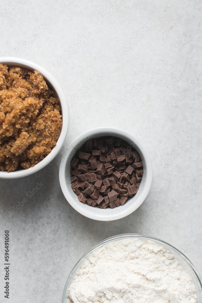 Mise en place of ingredients for making blondies, the process of making blondies or cake Mise en place of ingredients for making blondies, the process of making blondies or cake