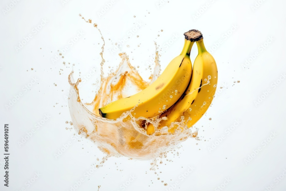 Fresh bananas in motion over splash of water and white background. Generative AI