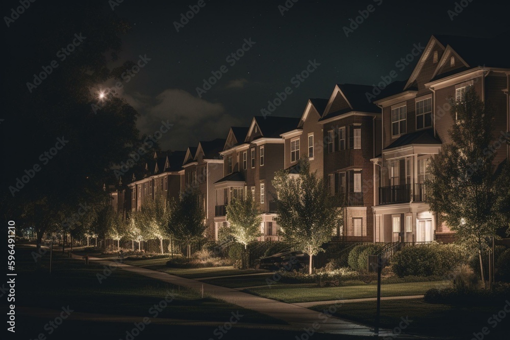 Nighttime residential neighborhood banner with copy space for real estate and home ownership. Generative AI