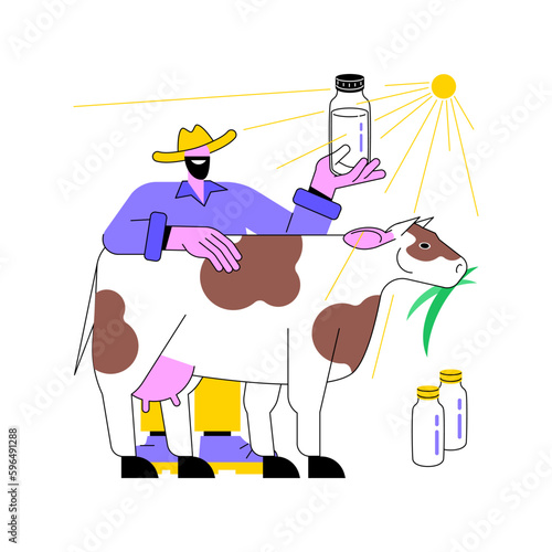 Fresh milk production isolated cartoon vector illustrations. Hipster farmer holding bottle with milk, agriculture industry, secondary products production sector, dairy farm vector cartoon.