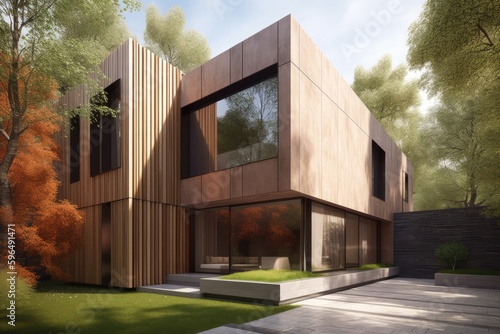contemporary house nestled in a forest setting. Generative AI © 2rogan