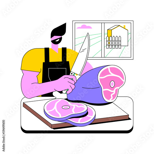 Farm meat products isolated cartoon vector illustrations. Man cuts the farm meat, agriculture industry, agribusiness secondary production sector, fresh raw pork steak vector cartoon.
