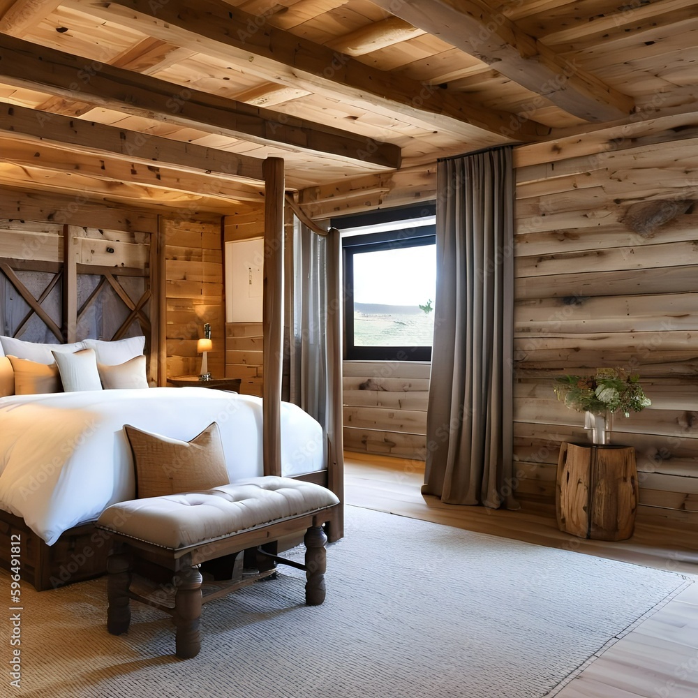 8 A rustic bedroom with exposed beams, a four-poster bed, and warm, natural materials4, Generative AI 8 A rustic bedroom with exposed beams, a four-poster bed, and warm, natural materials4, Generative AI