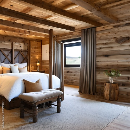 8 A rustic bedroom with exposed beams, a four-poster bed, and warm, natural materials4, Generative AI