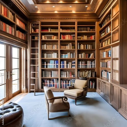 15 A traditional library with floor-to-ceiling bookshelves, a rolling ladder, and cozy seating5, Generative AI