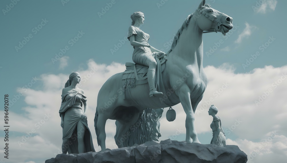 A statue stands on two horses with two women sitting on top -- Generative AI