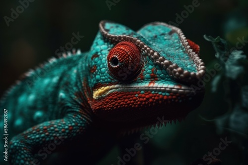 Green colored chameleon close up. AI generated  human enhanced