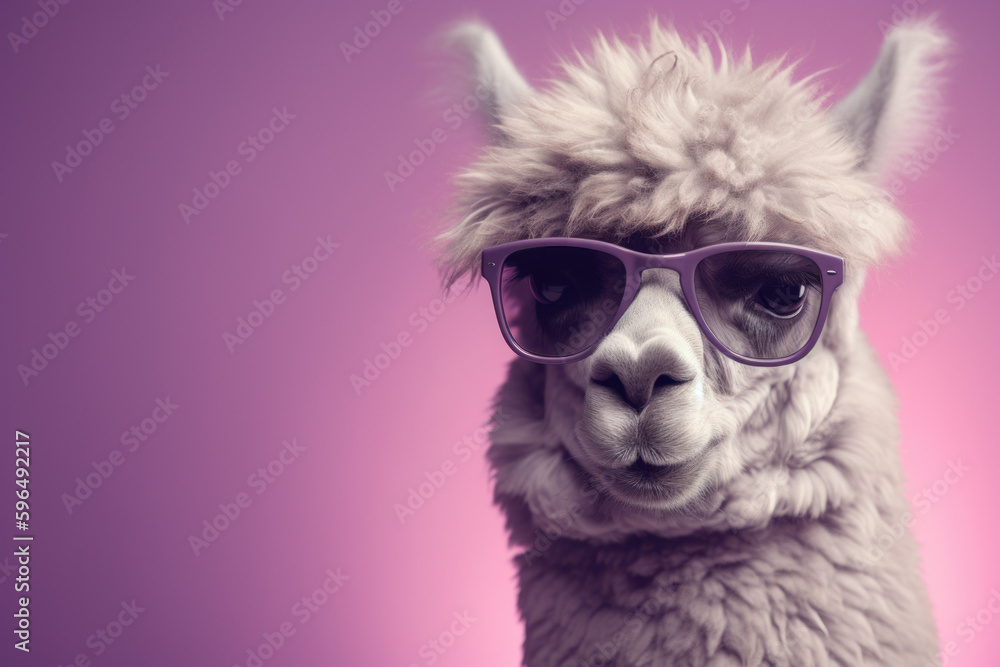 Funny cute alpaca in sunglasses with happy emotion. AI generated, human enhanced Funny cute alpaca in sunglasses with happy emotion. AI generated, human enhanced