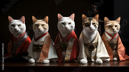 A group of cats in their traditional clothing -- Generative AI