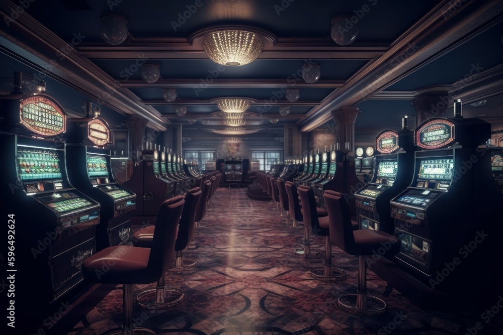 Luxury casino interior with lots of slot machines. AI generated, human enhanced. Luxury casino interior with lots of slot machines. AI generated, human enhanced.