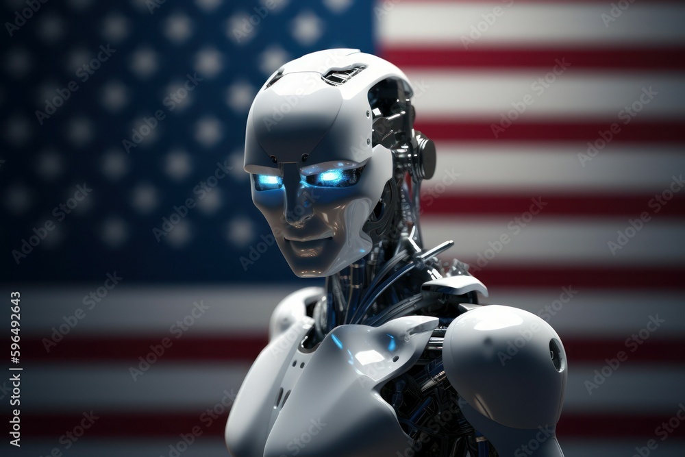 A robot with artificial intelligence on neural networks on a blurred background of the US flag. AI generated A robot with artificial intelligence on neural networks on a blurred background of the US flag. AI generated