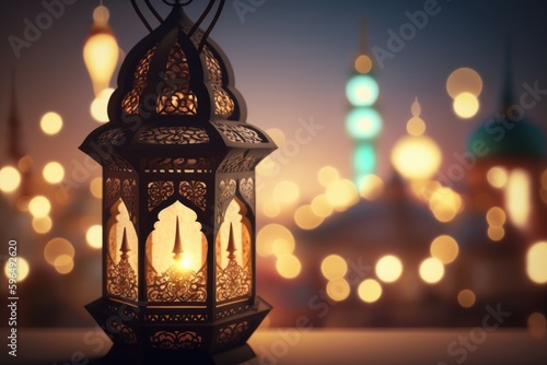 Ornate oriental lantern with beautiful bokeh of holiday lights and mosque in background. AI generated, human enhanced © top images