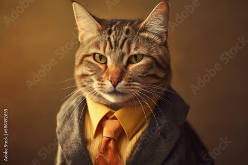 Anthropomorphic cat dressed in a suit like a businessman. business concept. AI generated  human enhanced