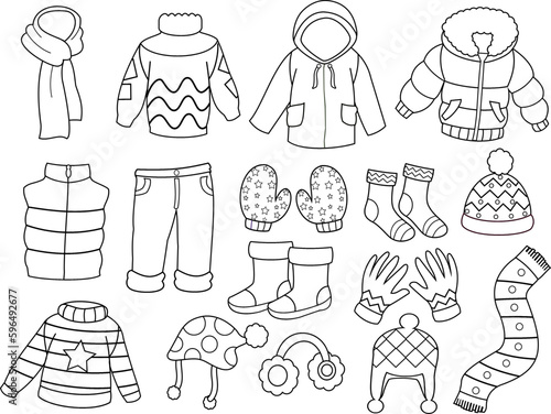 Set of Kids Warm Winter Clothes Outlined