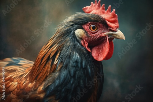 Close-up portrait of a beautiful rooster. AI generated  human enhanced