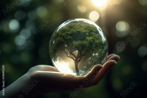 Hand holding a green tree in a sphere. Ecology concept. AI generated, human enhanced