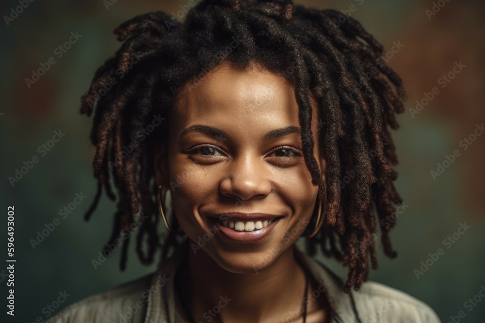 Portrait of a african woman with dreadlocks smiling at the camera in a studio. AI generated, human enhanced Portrait of a african woman with dreadlocks smiling at the camera in a studio. AI generated, human enhanced