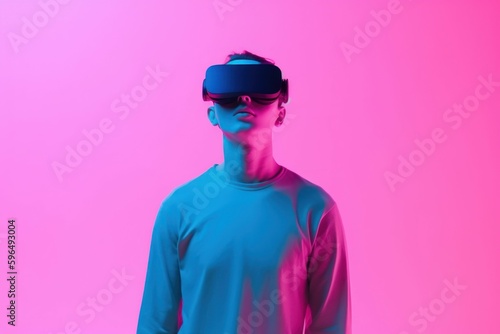 Young man wearing virtual reality glasses in neon colors. AI generated, human enhanced. © top images