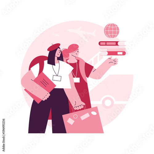 Educational tourism abstract concept vector illustration. International edu tourism, education abroad, entertaining studying, exchange student, vacation, group in airport abstract metaphor.