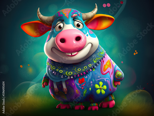 Whimsical Pig Portraits: Digital Illustration of a cowin Amusing, Vibrant Costumes, Generative AI photo