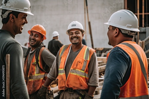 A group of cheerful and dedicated construction workers taking a break from their duties.